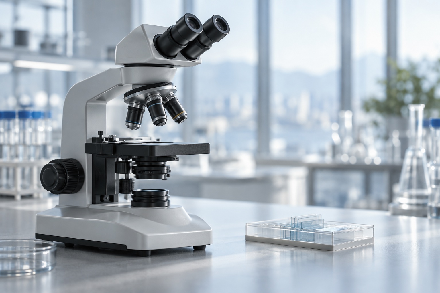 Illustrative unbranded microscope in a research laboratory